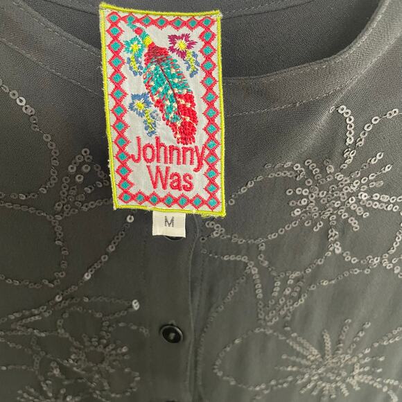 Johnny Was Sequin Floral Print Asymmetric Black Button Up Dress Womens Medium - Picture 5 of 9